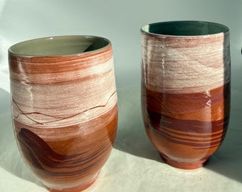Set of 2 hand-thrown ceramic mugs – large drinking mugs without handles – terracotta & burgundy – handmade ceramic unique pieces