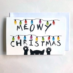 Tarjeta de Navidad con un gato de Stranger Things, divertida tarjeta de Navidad con un gato, luces navideñas maulladoras