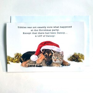 Carte de Noël chat mignon, carte drôle de chat, trop d'herbe à chat à la fête de Noël !