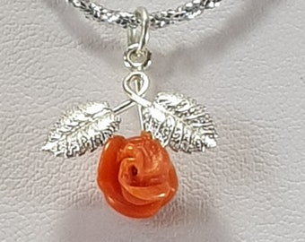 Red Coral Rose Pendant Mediterranean Silver Italian Jewelery, Not Dyed, Genuine Koraal Vintage not dyed (NO-BAMBOO) Certificate
