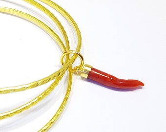 Red Coral Bracelet Italian Horn  Mediterranean Amulet Cornetto Undyed Cornicello (NO-BAMBOO) Certificate