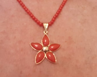 Red Coral Necklace 18kt Pendant Flower Mediterranean Coral MieleCorals Italian Jewelery Not Dyed Genuine Koraal (NO-BAMBOO) Certificate