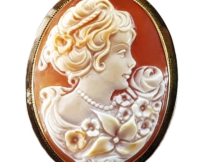 Big Cameo Gold 18kt Shell Brooch Pendant Handmade Italian MieleCorals Genuine Camée Camafeo Vintage Certificate