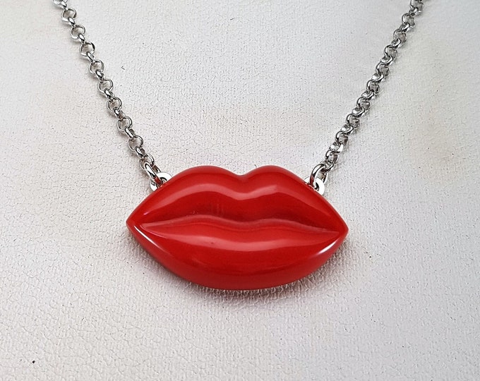 Red Coral Necklace Lips Kiss Lolita  Trendy  Solid Silver Necklace Italian Jewelery  Koraal  Rojo Korallenkette