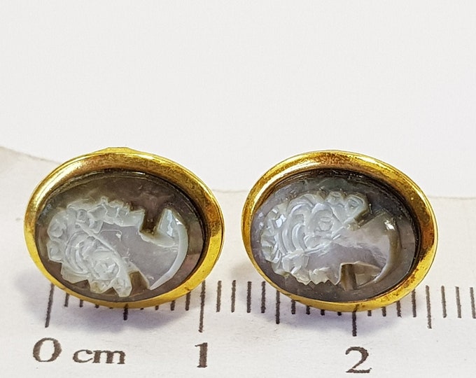 Mother Pearl Cameo Stud  Earrings, Italian Jewelery, Carved Art, MieleCorals Italian Jewelery Lady profile