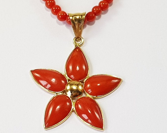 Red Coral Necklace 18kt Pendant Flower Mediterranean Coral MieleCorals Italian Jewelery Not Dyed Genuine Koraal (NO-BAMBOO) Certificate