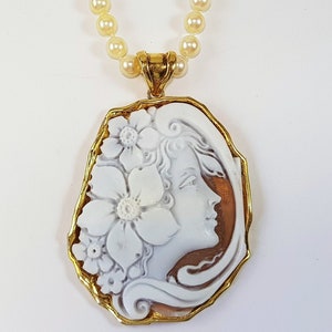 Cameo Pearls Necklace Lady Italian Pendentif Camée Colgante Camafeo Schmuck Italienische Certificate