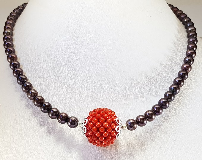 Red Coral Pearls Necklace Grey Italian Jewelry MieleCorals Gift for Her Anniversary Gift