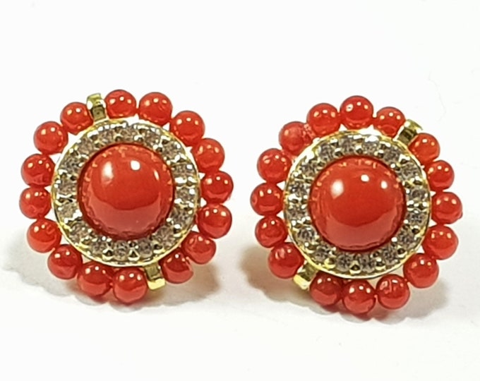 Red Coral Stud Earrings Mediterranean Italian Jewelery Boucles d'Oreilles Koralle Ohrringe Rod Koraal Genuine Not Dyed Certificate