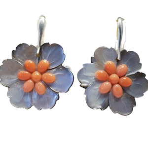 Coral Earrings Mediterranean Italian Coral Carved Motherpearl Dangle Boucles d&#39;Oreille Italian Jewelery Not Dyed (NO BAMBOO) Certificate