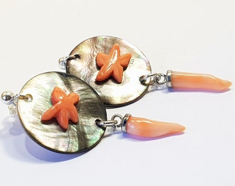 Coral Earrings Mediterranean Italian Coral Carved Motherpearl Dangle Boucles d'Oreilles Italian Jewelery Not Dyed (NO BAMBOO) Certificate