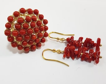 Red Coral Ring and Earrings Mediterranean Coral Set MieleCorals Italian Jewelery Genuine Not Dyed (NO-BAMBOO) Certificate