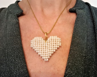 Pearls Solid Gold 18kt Heart Big Pendant Italian Jewelery MieleCorals  Valentine Anniversary Gift  Certificate