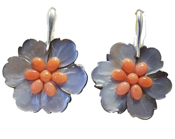 Coral Earrings Mediterranean Italian Coral Carved Motherpearl Dangle Boucles d'Oreille Italian Jewelery Not Dyed (NO BAMBOO) Certificate
