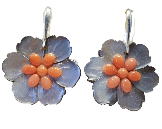 Coral Earrings Mediterranean Italian Coral Carved Motherpearl Dangle Boucles d'Oreille Italian Jewelery Not Dyed (NO BAMBOO) Certificate
