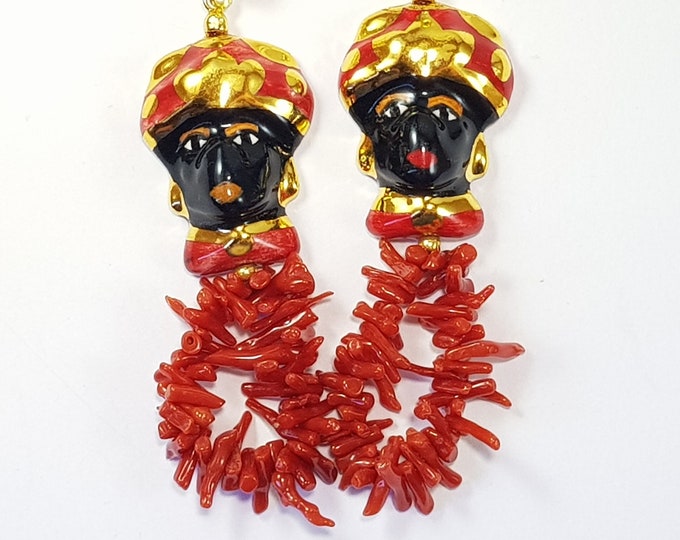 Sicilian Earrings Caltagirone Ceramic Heads Red Natural Coral  Dangle Italian Jewelry (NO BAMBOO) Certiicate