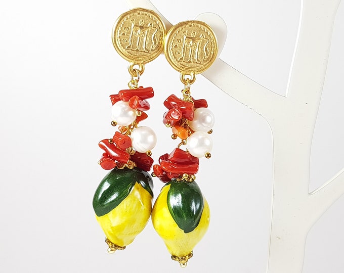 Sicilian Earrings Caltagirone Ceramic Sicilian Lemons Red Natural Coral Mediterranean coral Not Dyed  Dangle   Italian Jewelry Certificate