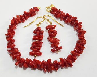 Coral Bracelet and Earrings Set Dark Red Italian Coral Wedding Anniversary Gift Not dyed Certificate
