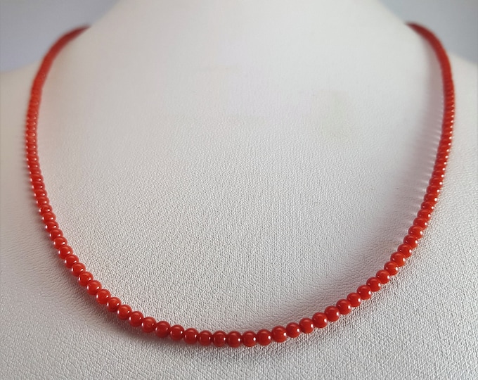 Red Coral 3.25mm 18kt Gold Necklace Dark red AAA Extra Quality Round Beads Minimalist Italian Coral  Not Dyed (NO-BAMBOO) Certificate