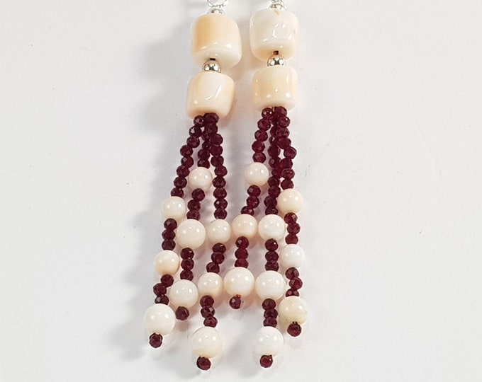 Pink Coral and Garnet Earrings Italian Jewelery Cornicello Anniversary Gift Genuine Not dyed (NO-BAMBOO) Certificate