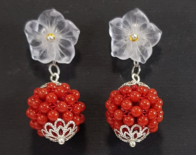 RedCoral Earrings  Rock  Crystal  Dangle Sterling Silver MieleCoral Vintage