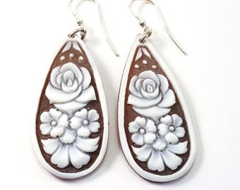 Cameo Earrings Dangle White Flowers Artistic Italian Jewelry MieleCorals Jewelry Genuine Certificate
