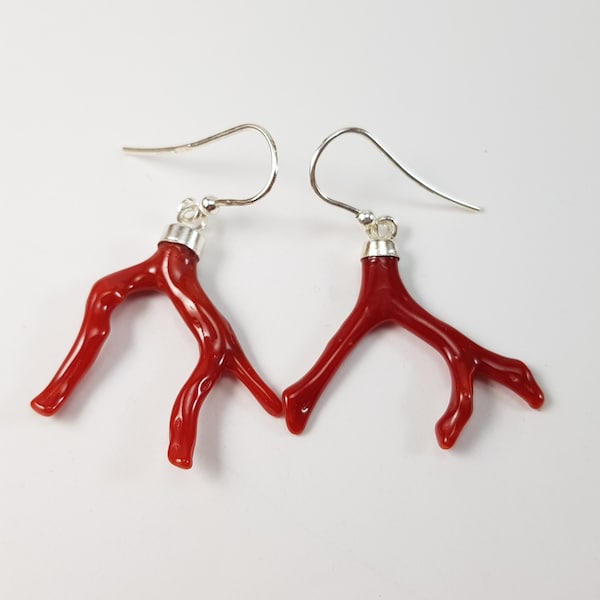 Red Coral Branch Earrings Solid Silver Dangle Italian Boucles d'Oreilles Genuine Not dyed (NO BAMBOO) Certificate