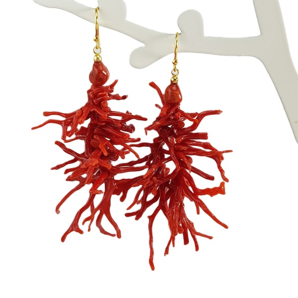 Pendientes de Coral Rojo Italiano Ramas AAA Mediterráneo Cornicello Colgante Italiano Sin Teñir (SIN BAMBÚ) Certificado