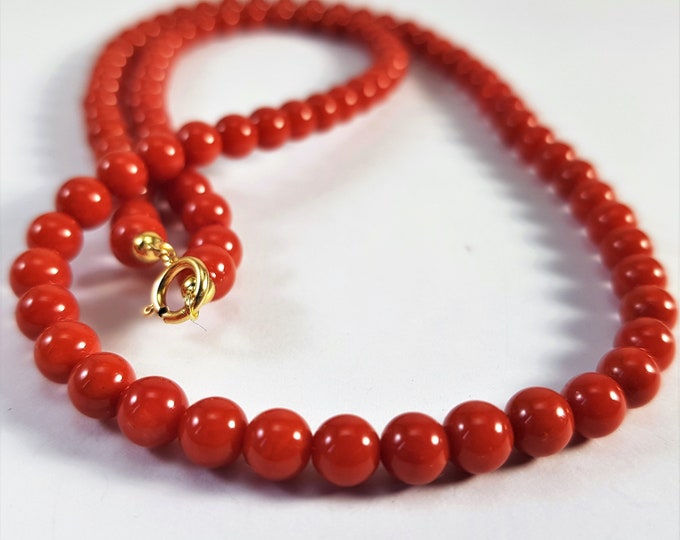 Red Coral 5mm 18kt Gold Necklace Round Beads AAA First Quality  Rubrum Italian Coral Jewelry Not Dyed (NO-BAMBOO) Certificate