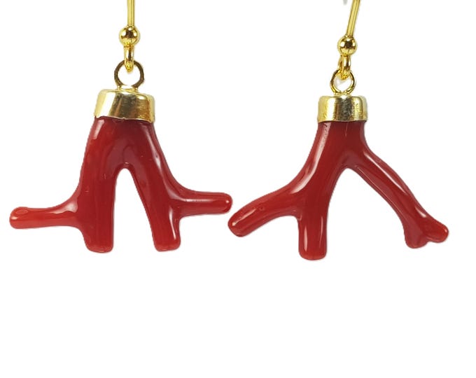 Dark Red Coral Branch Earrings Dangle Italian Boucles d'Oreilles Genuine Not dyed (NO BAMBOO) Certificate