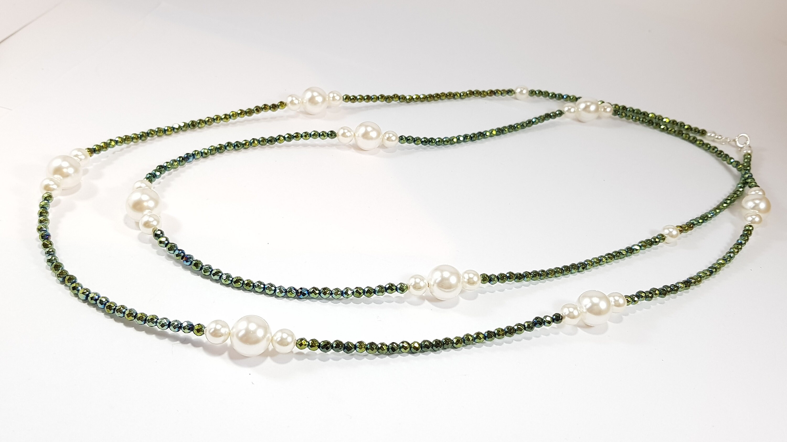 White Pearls Necklace Long Elegant Hematite Contemporany Jewelry  MieleCorals Italian Jewelery Certificate