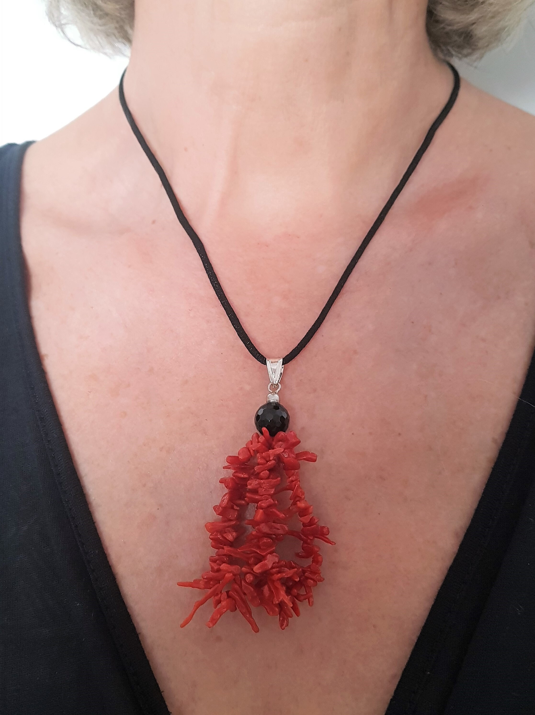1st choice Mediterranean Red Coral Pendant, Coral Necklace, Onyx