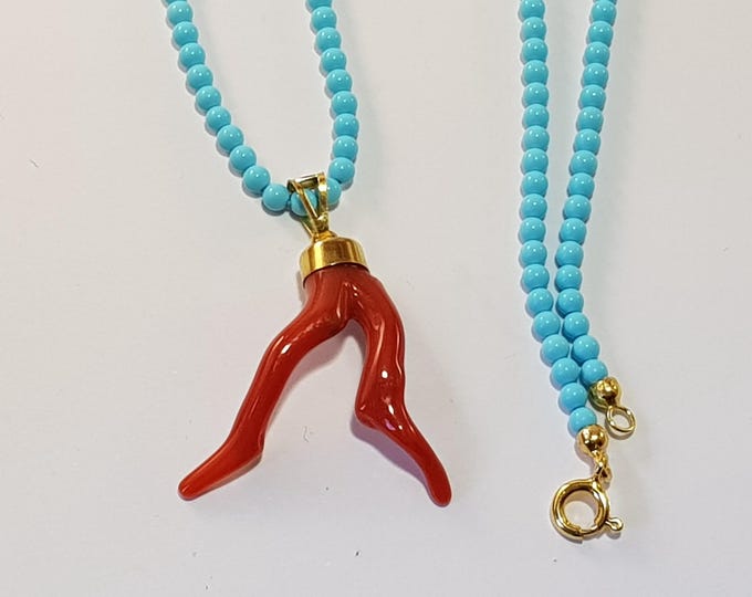 Red Coral Branch Turquoise Necklace Pendant Italian Full Bodied Genuine Not dyed (NO-BAMBOO) Certificate Corail Koralle
