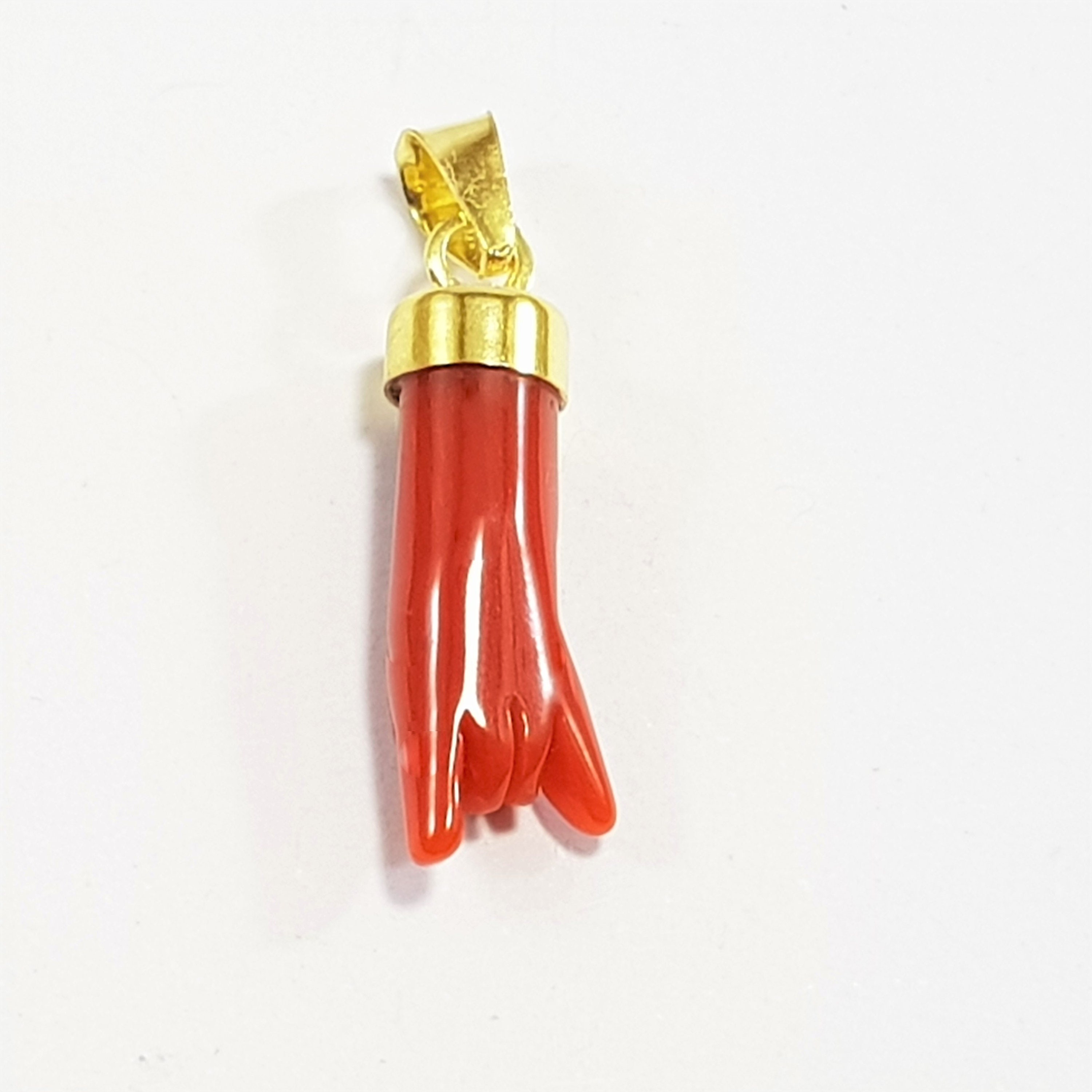 Red Coral Gold 18kt Hand Carved Mano Cornuta Hand Horns Amulet Luck