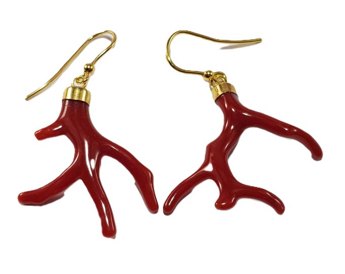 Dark Red Coral Branch Earrings Dangle Italian Boucles d'Oreilles Genuine Not dyed (NO BAMBOO) Certificate