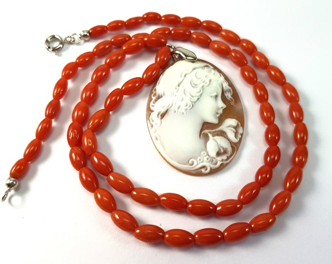Red Coral and Cameo Necklace Mediterranean MieleCorals Italian Jewelery  Kooral Not Dyed (NO-BAMBOO) Certificate
