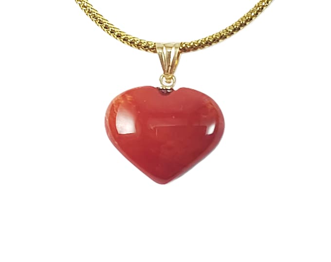 Dark Red Coral 18kt Gold Heart Pendant Minimalist Italian Jewelery Anniversary Not dyed (NO-BAMBOO) Certificate