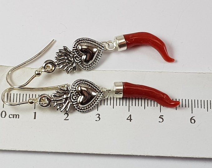 Red Coral Earrings Sacred Heart  Earrings Red Coral horn  MieleCorals Italian Jewelry Cornicello Not dyed (NO BAMBOO) Certificate