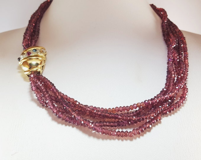 Garnet Necklace Multistrand Precious Necklace Sterling Silver Magnetic Clasp MieleCorals Italian Genuine Vintage Certificate