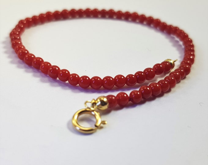 Red Coral 3mm 18kt Gold Bracelet Thin Extra Quality Minimalist Mediterranean Italian Genuine Not Dyed (NO-BAMBOO) Certificate