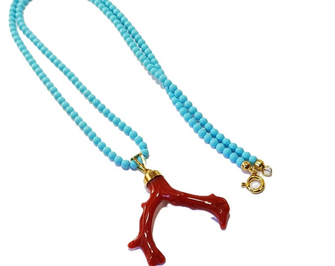 Red Coral Branch Turquoise Necklace Pendant Italian Full Bodied Genuine Not dyed (NO-BAMBOO) Certificate Corail Koralle