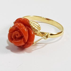 18kt Gold Ring with Hand-Carved Red Coral Rose Solid Gold  Handmade Made in Italy  Not Dyed Anniversary Gift NO-BAMBOO Certificate