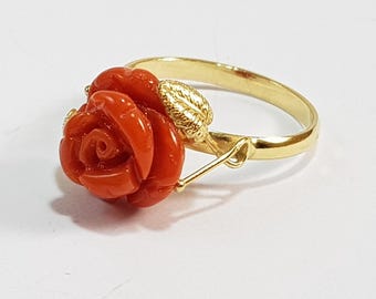 18kt Gold Ring with Hand-Carved Red Coral Rose Solid Gold  Handmade Made in Italy  Not Dyed Anniversary Gift NO-BAMBOO Certificate