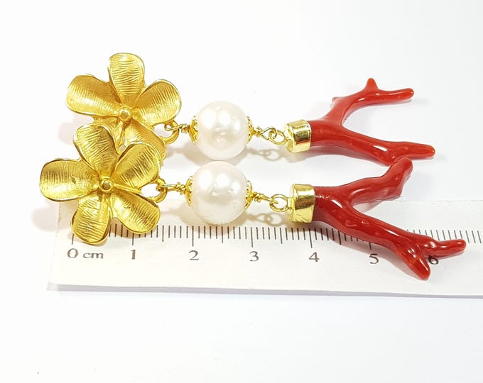 Red Coral Branch  Pearl  Earrings  Dangle Italian Boucles d'Oreilles Genuine Not dyed (NO BAMBOO) Certificate