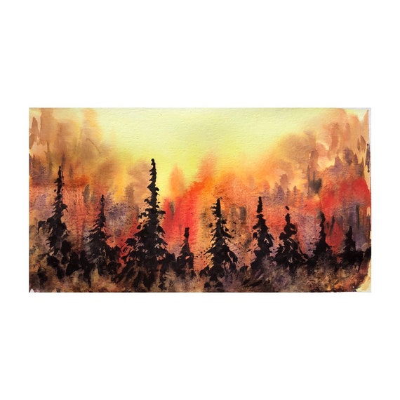 Abstract Forest Watercolor Painting, abstract painting, tree painting, fire painting, tree abstraction, watercolor painting, original painti