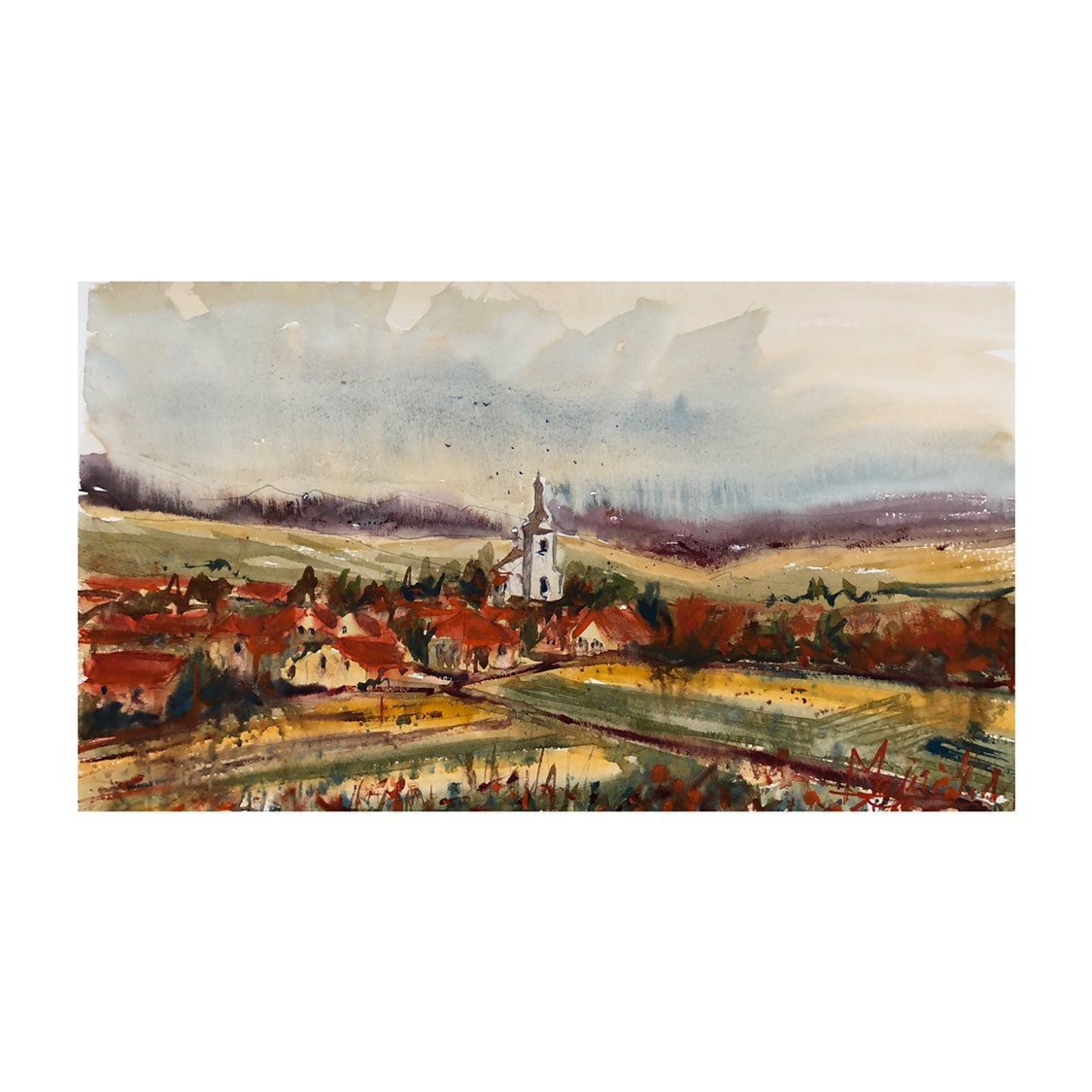 絵画　ソウ・リッカイ　水彩画 ジョセフ・ズブクヴィッチ風のオリジナル水彩画、早春の野原と教会