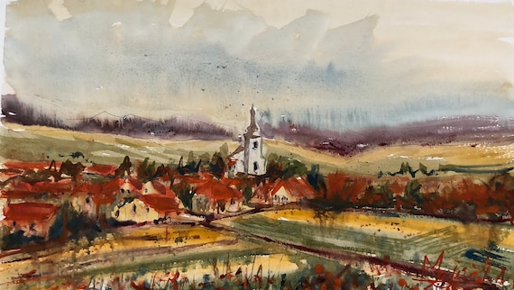 ジョセフ・ズブクヴィッチ風のオリジナル水彩画、早春の野原と教会