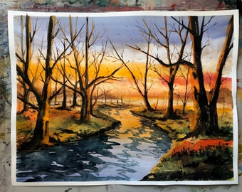 watercolor painting, huge wall art, original painting, forest painting, trees watercolor, river painting, winter landscape, large watercolor