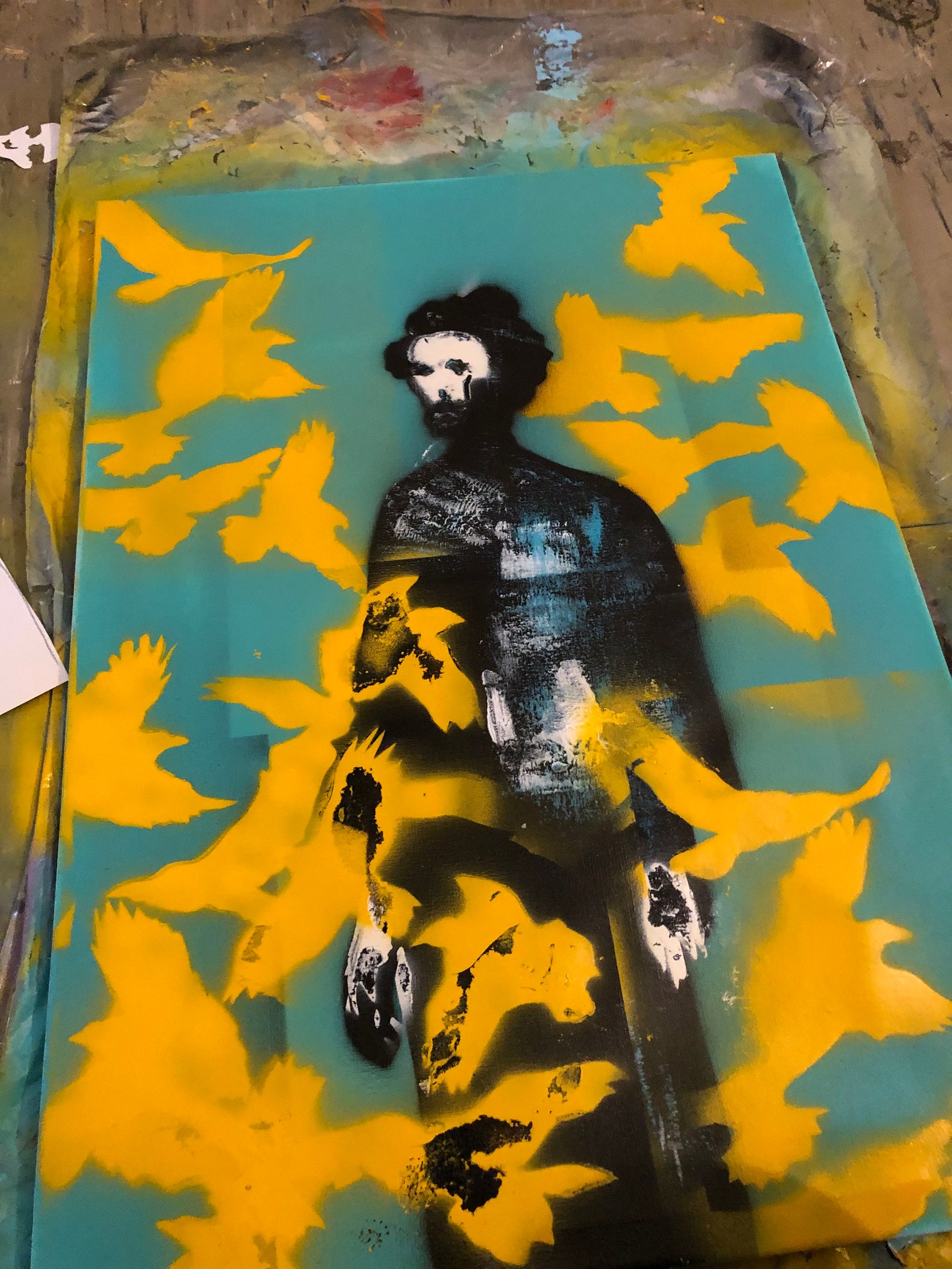 Bunter Mann im Mas-Gemälde auf Leinwand grüne und gelbe Vögel | Etsy