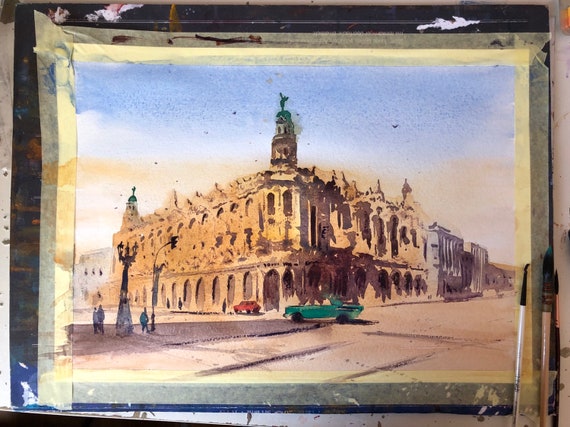 Theater building in old Havana watercolor city painting, cuba painting, havana art, havana painting, cityscape painting, cuban art